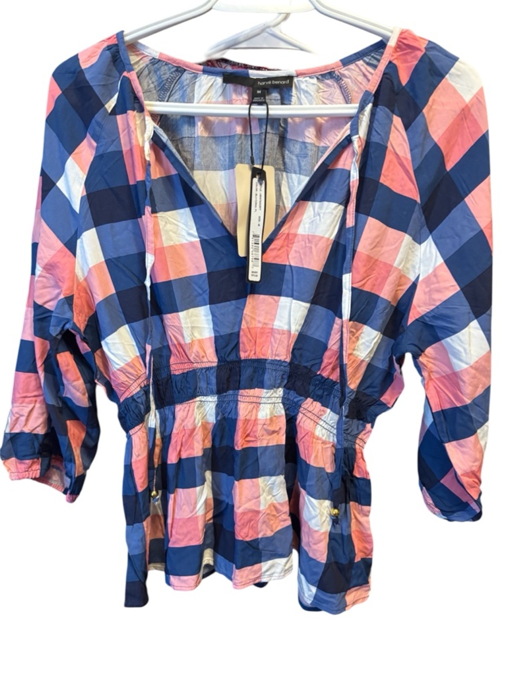 Harve Benard Navy, Coral & White Plaid Peasant Tunic